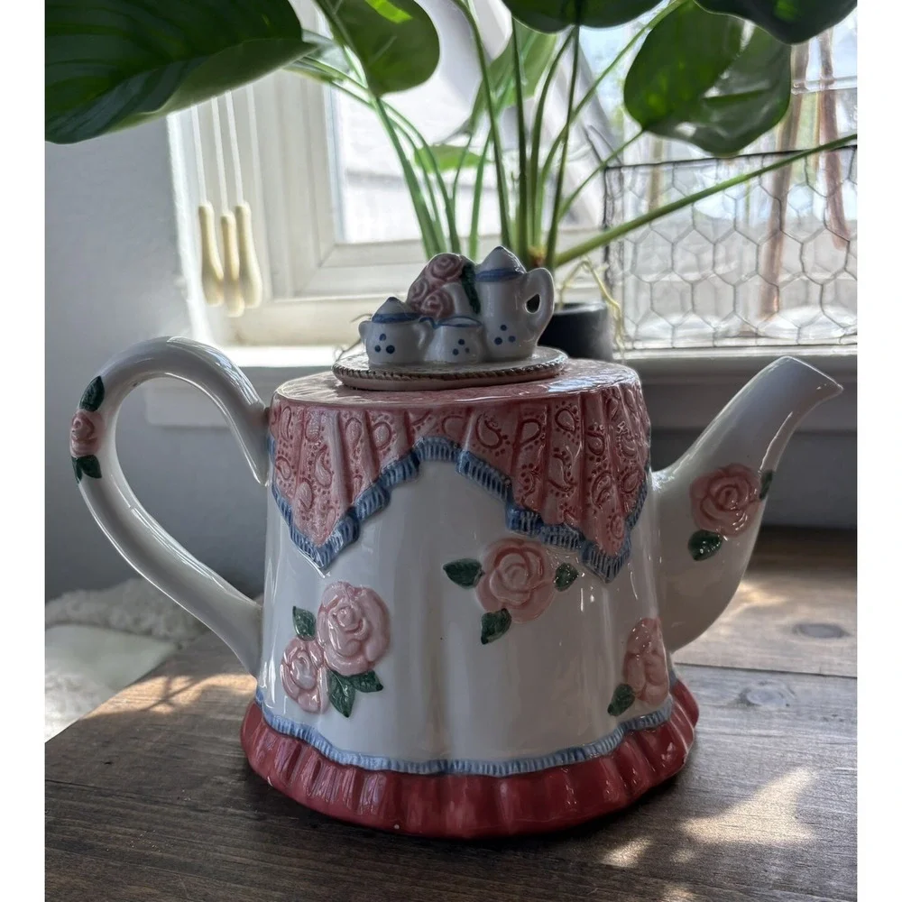 Vintage 1988 FF Fitz & Floyd Teapot Table Design Pink Roses Tea Set Lid